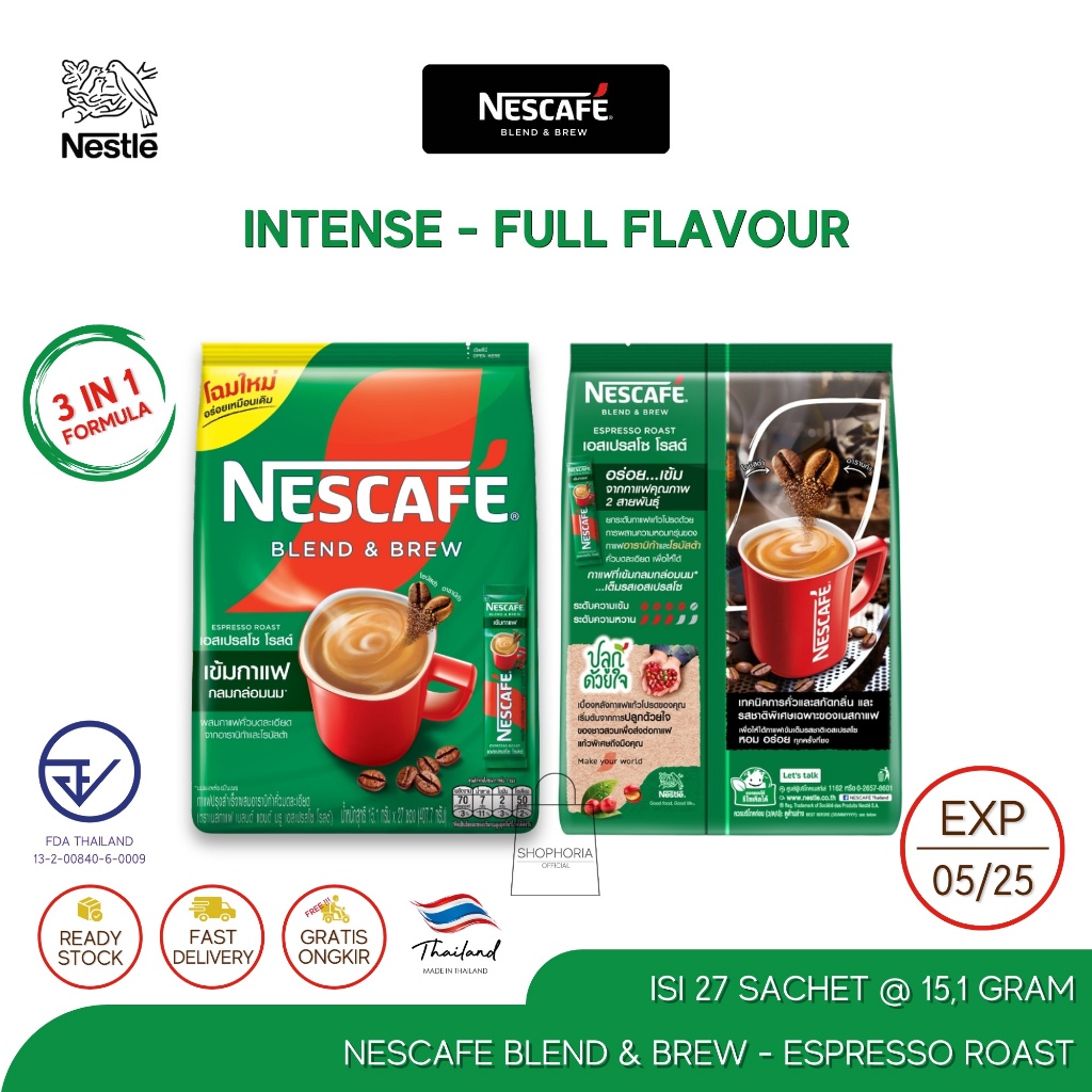 

Nestle Nescafe Blend & Brew Series 3 in 1 Instant Coffee Espresso Roast Pack Isi 27 Sachet Original Thailand Kopi Instan Hijau Intense Aroma