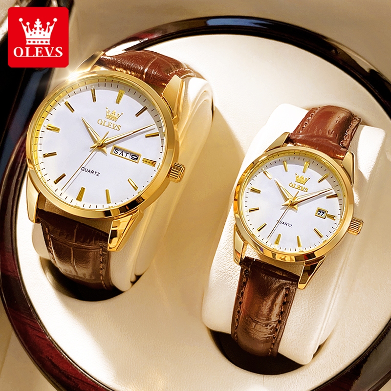 OLEVS Jam Tangan Couple Original Anti Air Analog Kulit Kalender Otomatis Jam Tangan Kuarsa Bercahaya