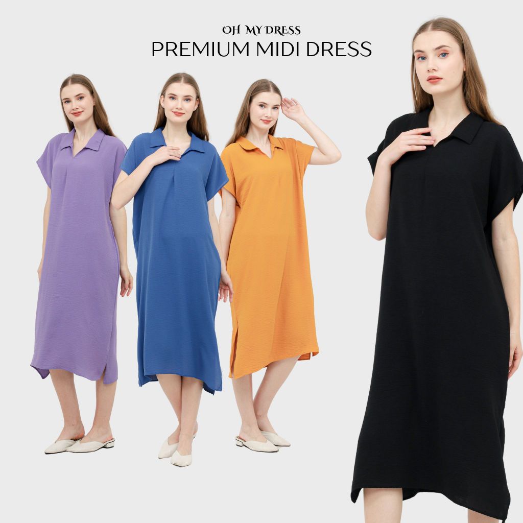OhMyDress - Premium Midi Dress Crinkle Airflow Premium Polos Berkerah Daster Kekinian Jumbo Panjang 