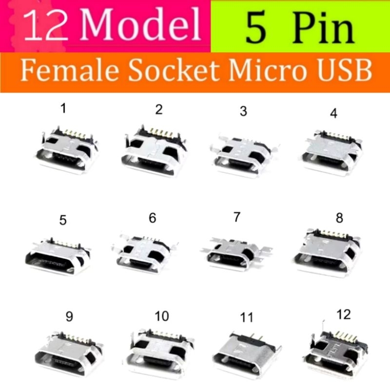 12pcs Soket Micro USB 5 Pin Type B Female Berbagai Model Conector Charger
