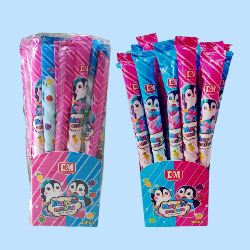 

DSM Marshmallow Long Ulir Rasa Stroberi Permen Stick isi 30 Pcs