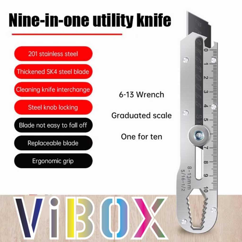 

Vibox Cutter Stainless stanless Cuter Pisau Tajam Baja Multifungsi Kunci Pas 9in1 Pemotong Serba Guna [TSA]
