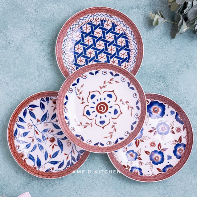 Piring bijian keramik lauk 8" motif rotan coklat