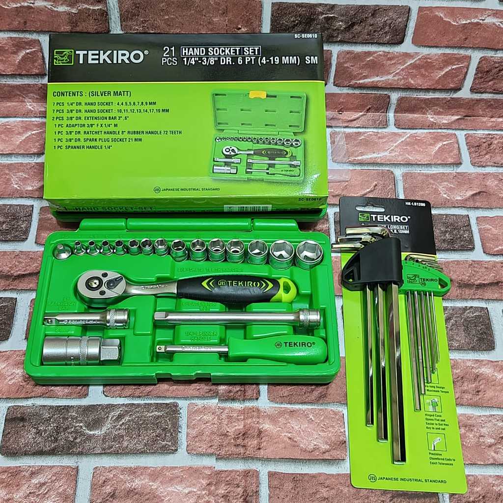 Tekiro Kunci Shock Sock Sok Set 21 Pcs 1/4" - 3/8" Ratchet + Tekiro kunci L Panjang Set 8 Pcs 2-10mm