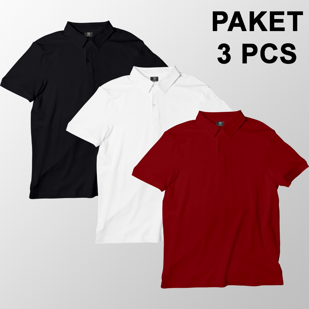 PAKET 3pcs PENDEK KAOS POLO SHIRT POLOS HITAM PUTIH KERAH POLOS COWOK / WANITA