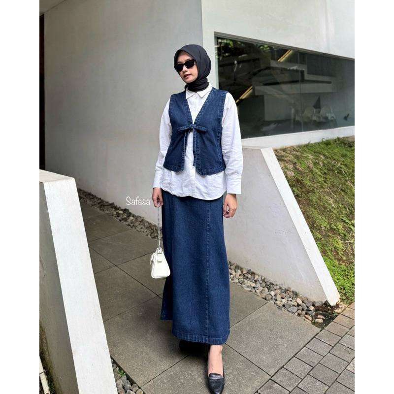 Faya Set Denim VEST + SKIRT One Set Wanita Rompi + Rok Vest Rok Denim Vest Denim Rok Denim Vest