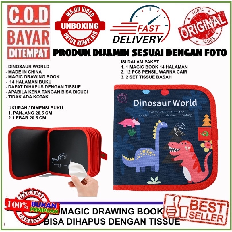 

C.O.D Anti Gadget Magic Drawing Book Dinosaurus World Buku Gambar Bisa Dihapus Dengan Tissue Basah