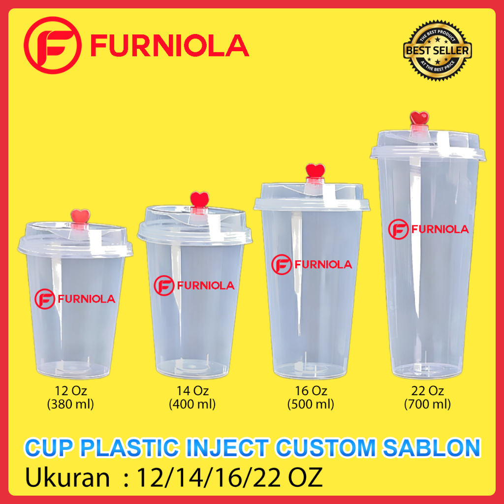Cetak Gelas Plastik Cup PP Injection TEBAL DATAR Custom Desain Sablon Nama Logo Sudah Dengan Tutup L