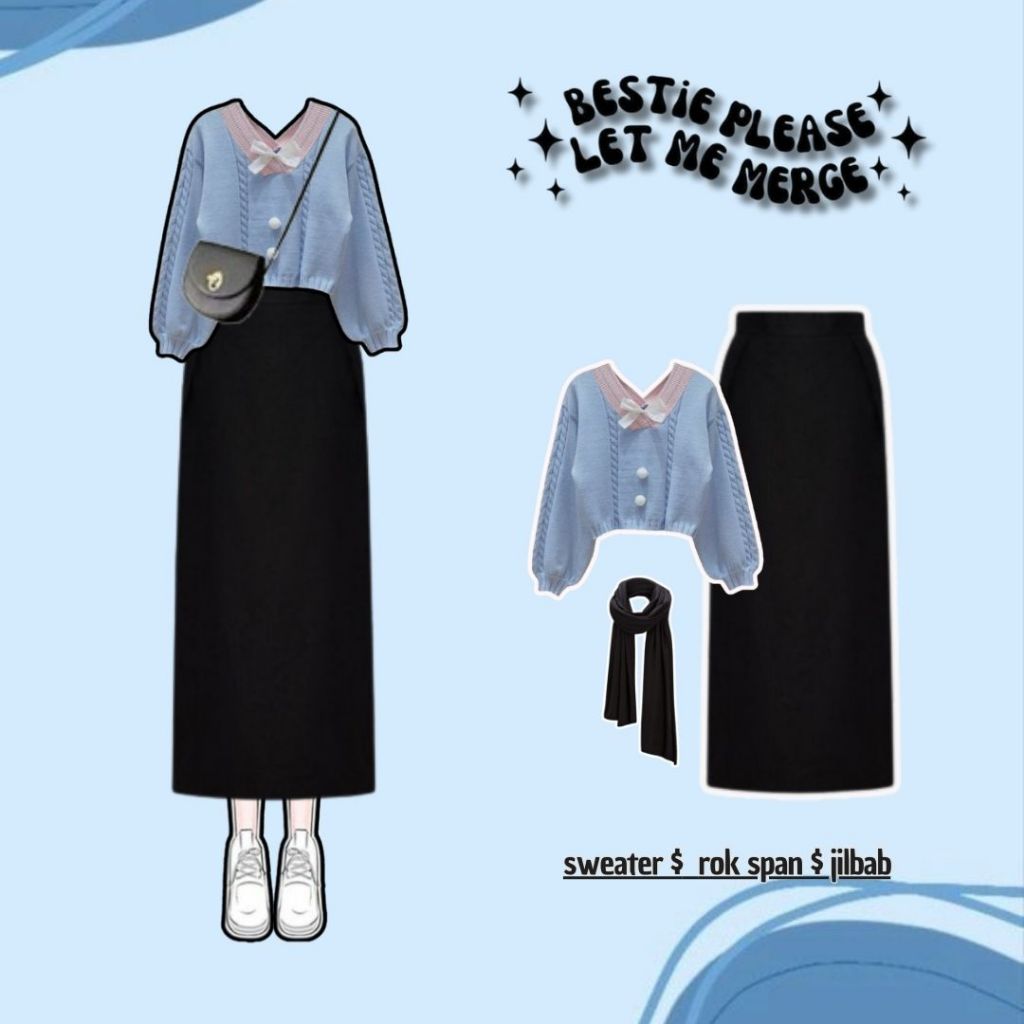 Setelan Wanita Hijab 3in1 ( Sweater + Rok Span + Hijab ) OOTD Korean Style Kekinian