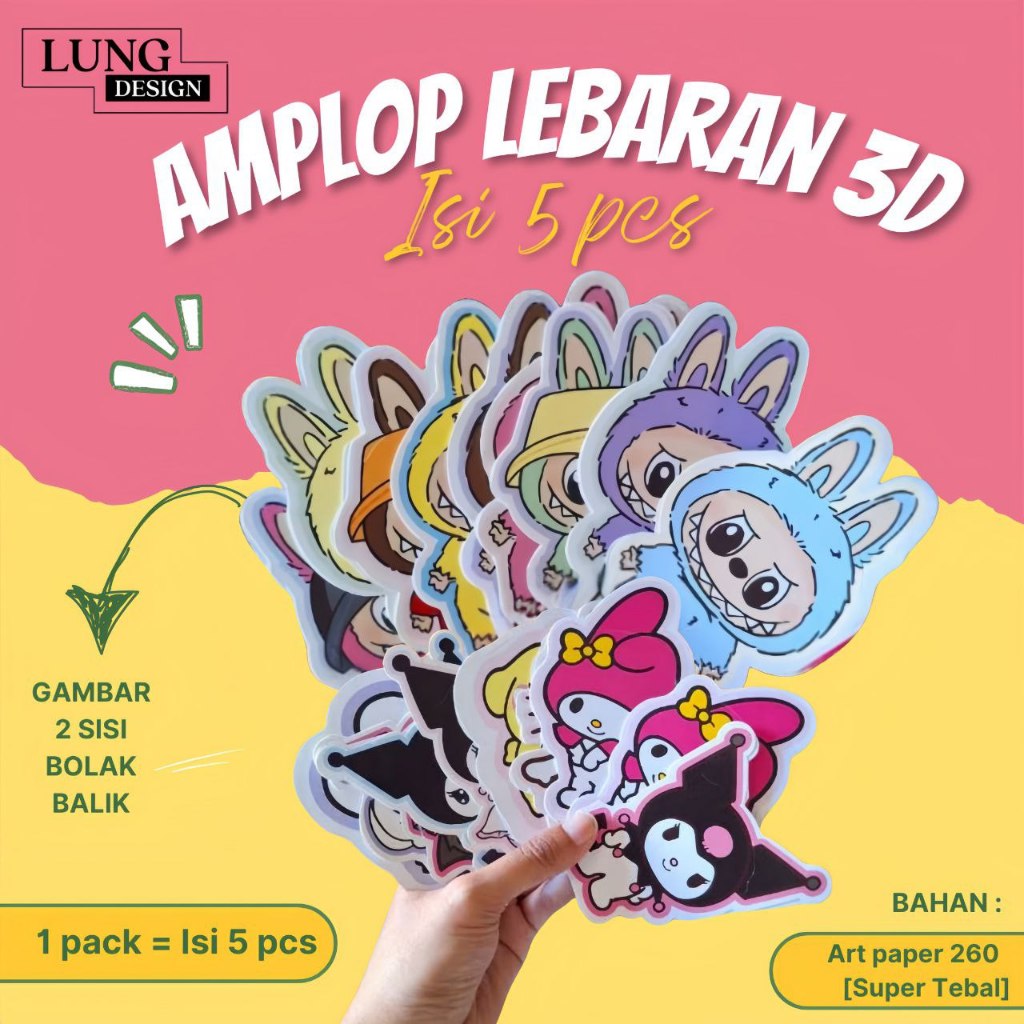 

(HARGA ISI 5 pcs ) AMPLOP LEBARAN 3D 2025 / Amplop 3D series Labubu / Amplop Lebaran angpau karakter anak / Amplop Lebaran Hari Raya Idul Fitri Karakter labubu - amplop karakter kuromi lotso meldoy sanrio /Angpao Karakter Lucu Ramadhan 2025