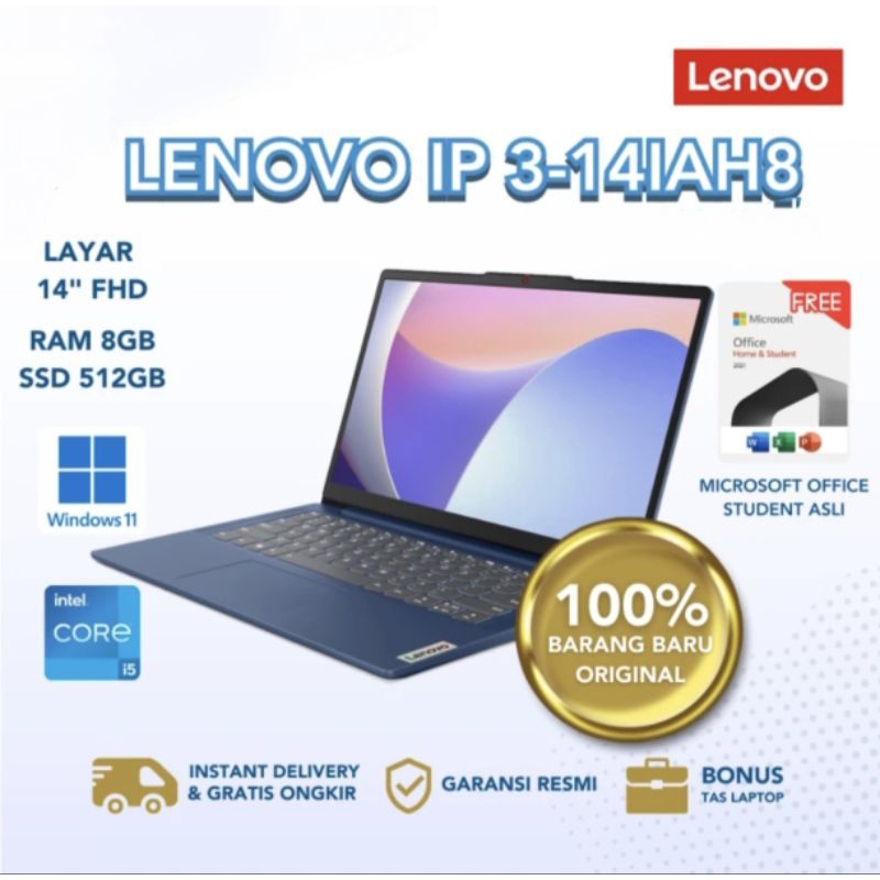 Laptop LENOVO IP 3-14IAH8 Core I5-12450H 8GB SSD 512GB 14" LED Wind 11+OHS New Garansi Resmi