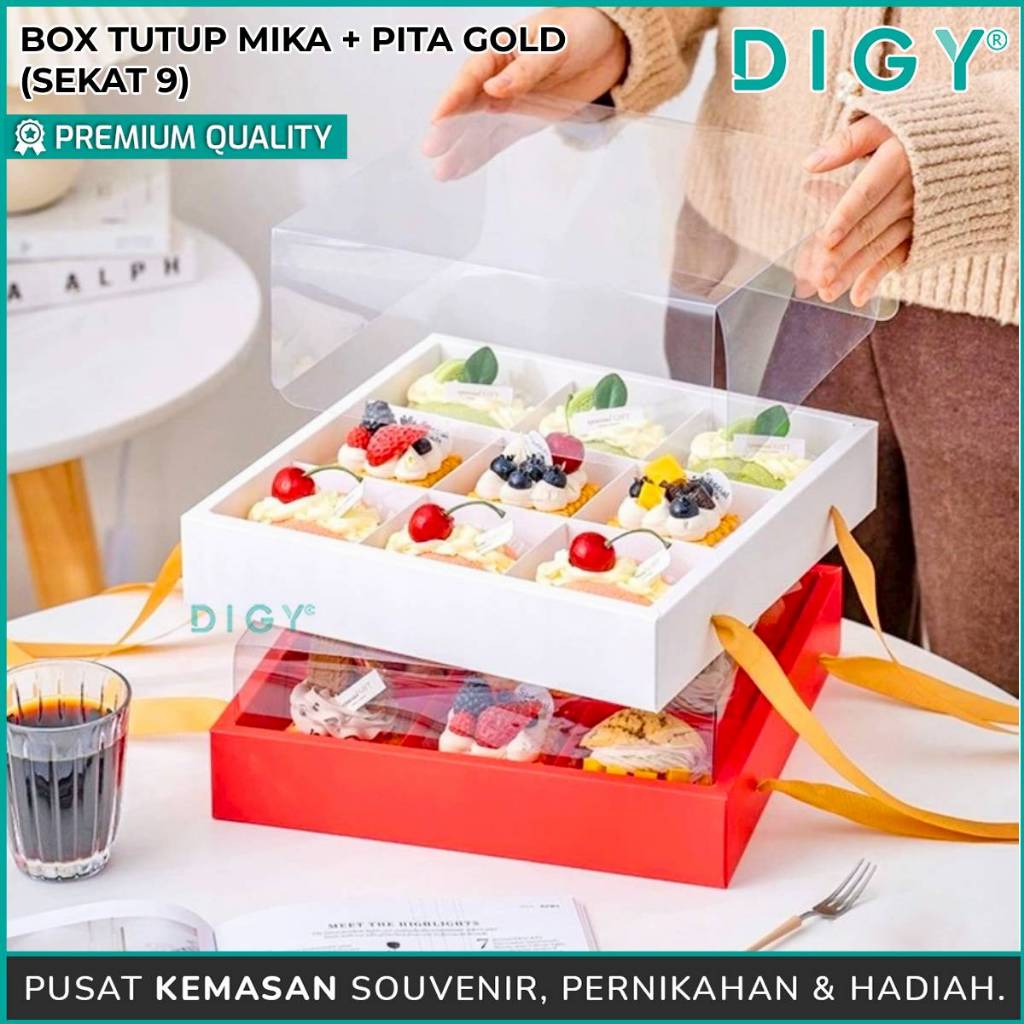 

Box Tutup Mika Sekat 9 + Pita Gold /Kertas Mika Kue Natal /Kotak Mika Transparan /Kotak Kue Sekat Hampers /Packaging Cupcake Pudding