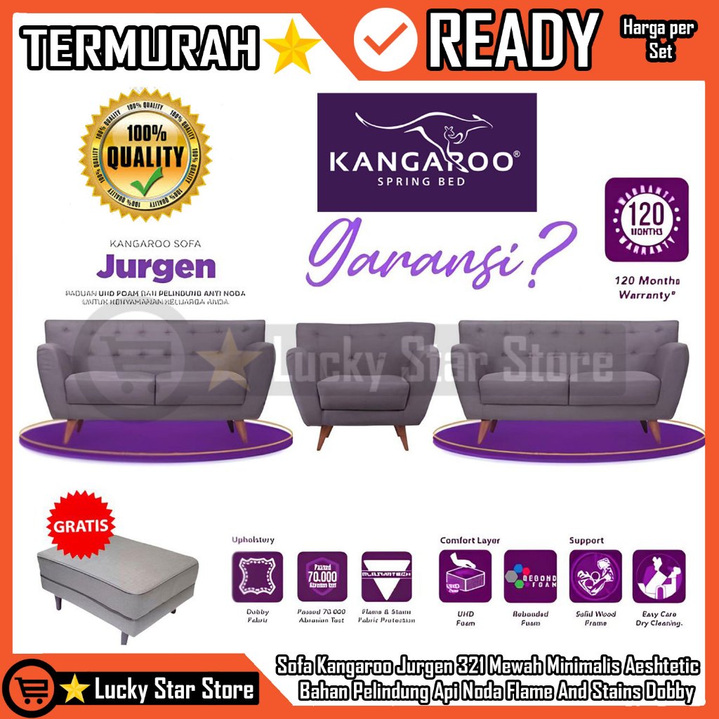 Kangaroo Jurgen Set 321 Sofa Abu-Abu Aeshtetic Nyaman 1 2 Dudukan Minimalis Tanpa Meja Pelindung Api