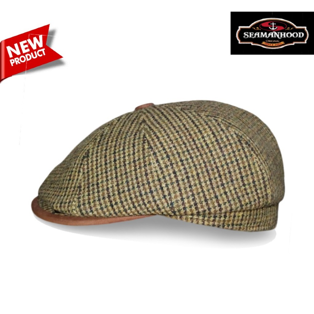 Topi Newsboy Hat Gatsby Style Original Seamanhood Flat Cap Wool Tweed Chesnut Kombinasi Kulit Vintag