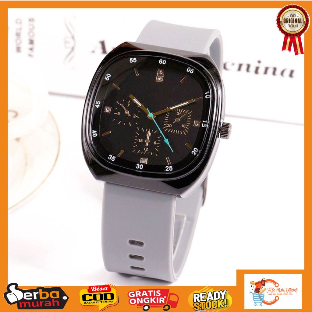 Little Mall JAM TANGAN ANALOG KOTAK STRAP KARET RUBBER JAM TANGAN PRIA WANITA TALI SILICONE RUBBER