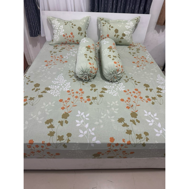 Sprei Bunga dan Lantai Motif Daun Hijau