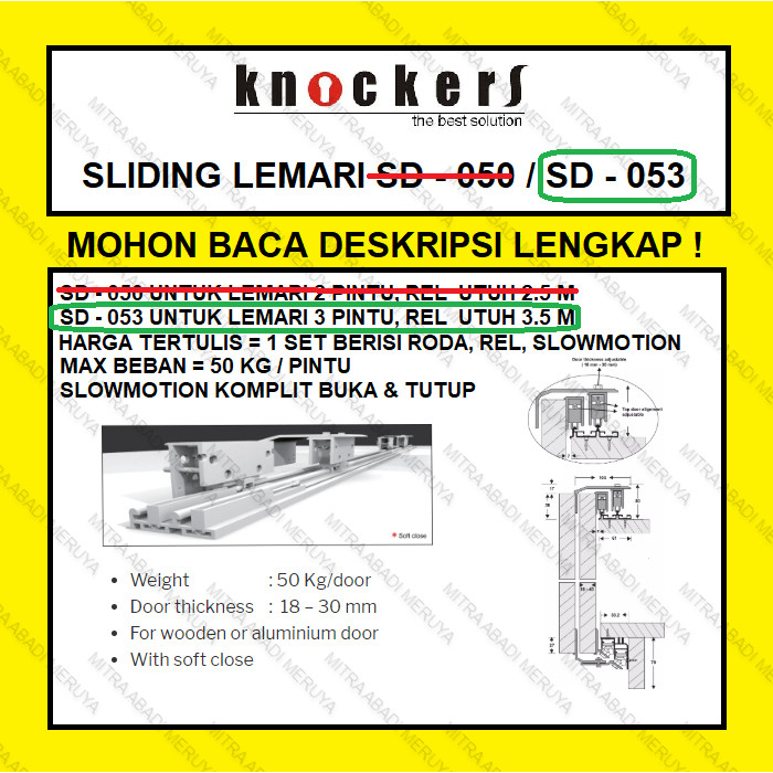 Roda dan Rel Sliding SD 053 KNOCKERS Sliding Lemari Wardrobe