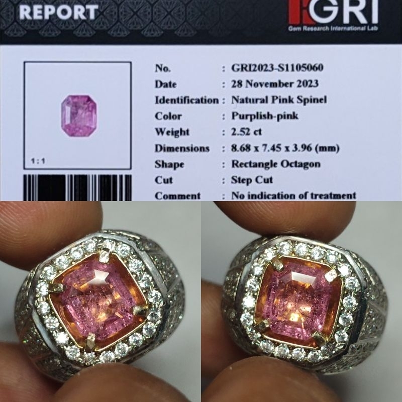 Natural Pink Spinel 2.5ct GRI Octagonal Cut Crystall Good Luster Gemericik Body Kaca Metalik