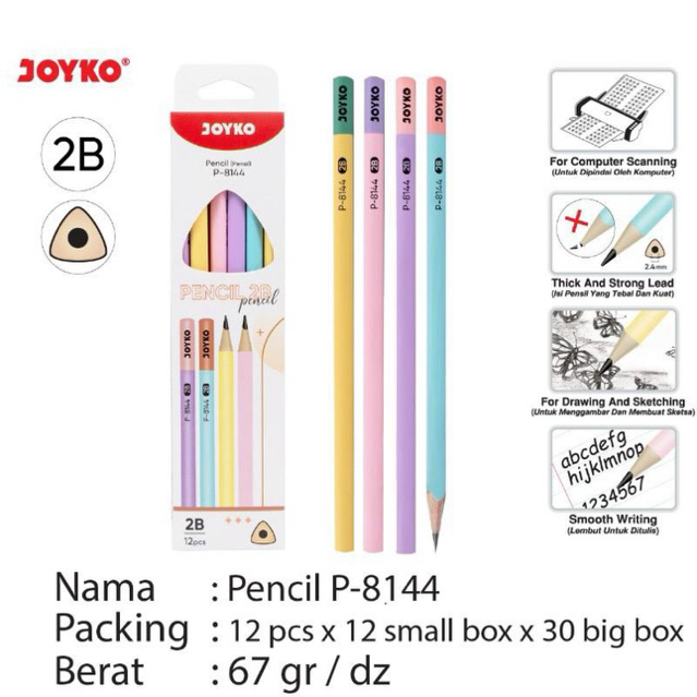 

(12pcs) P 8144 Pencil 2B warna Pastel Cantik / Sketch Drawing Pensil bentuk Segitiga P-8144 P8144 Joyko isi 12 pcs