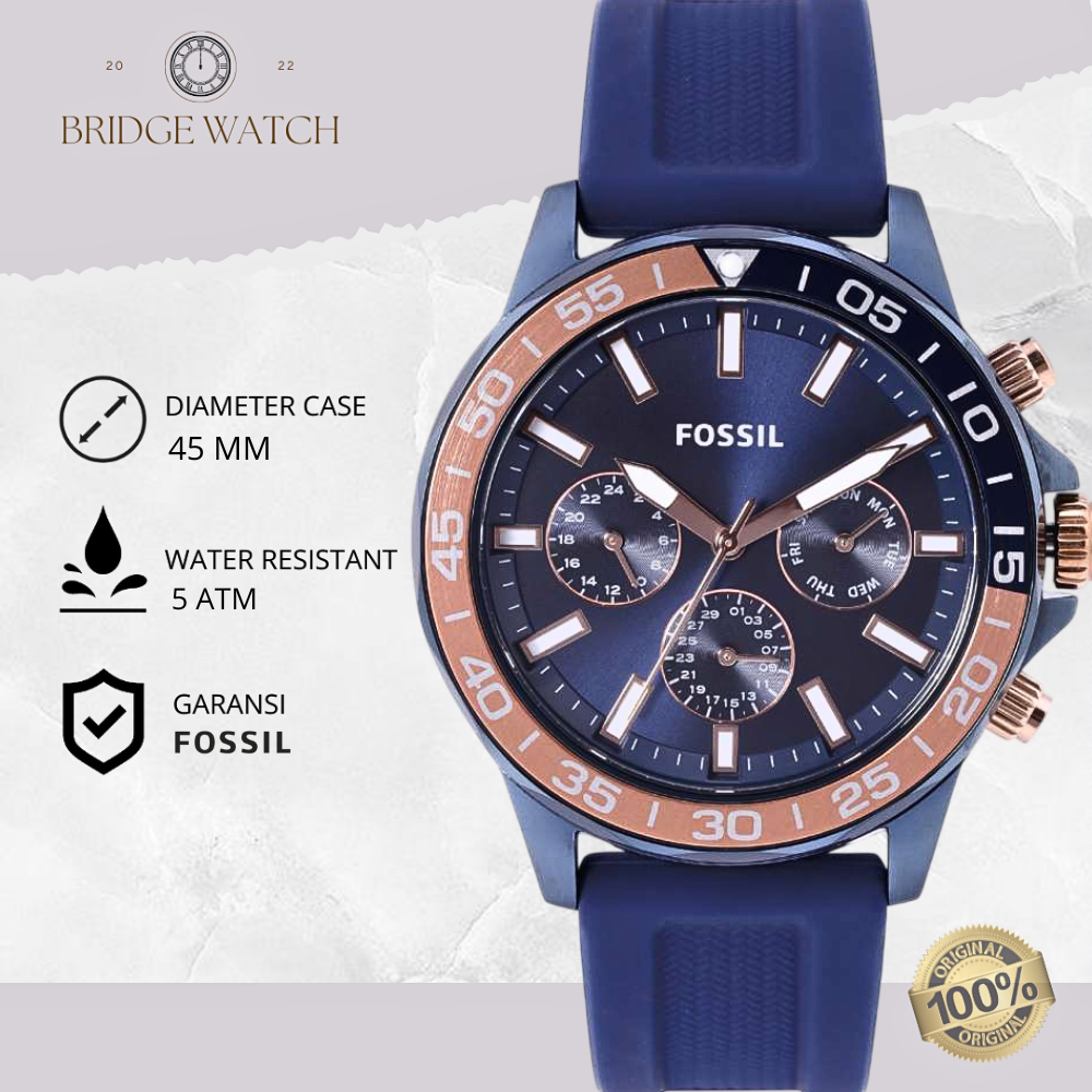 Jam Tangan Pria Fossil BQ2498 Bannon Blue Rubber Strap Silicone Original Chronograph Sporty