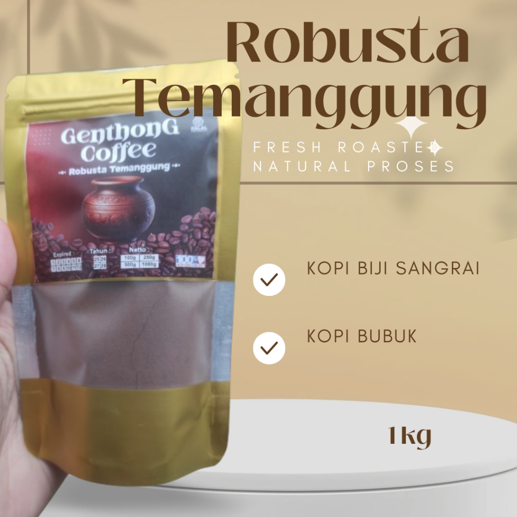 

Genthong Coffee, Kopi Robusta Temanggung 1 Kg Biji Kopi Sangrai Roast Bean dan Bubuk Kopi