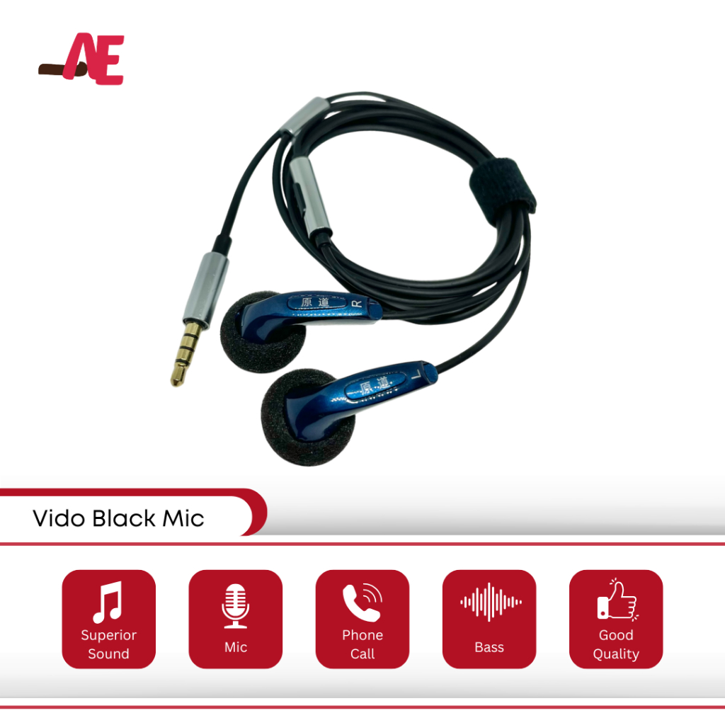 DIY Earbud Vido Recable Black Cable with Mic (Earphone Vido Legend)