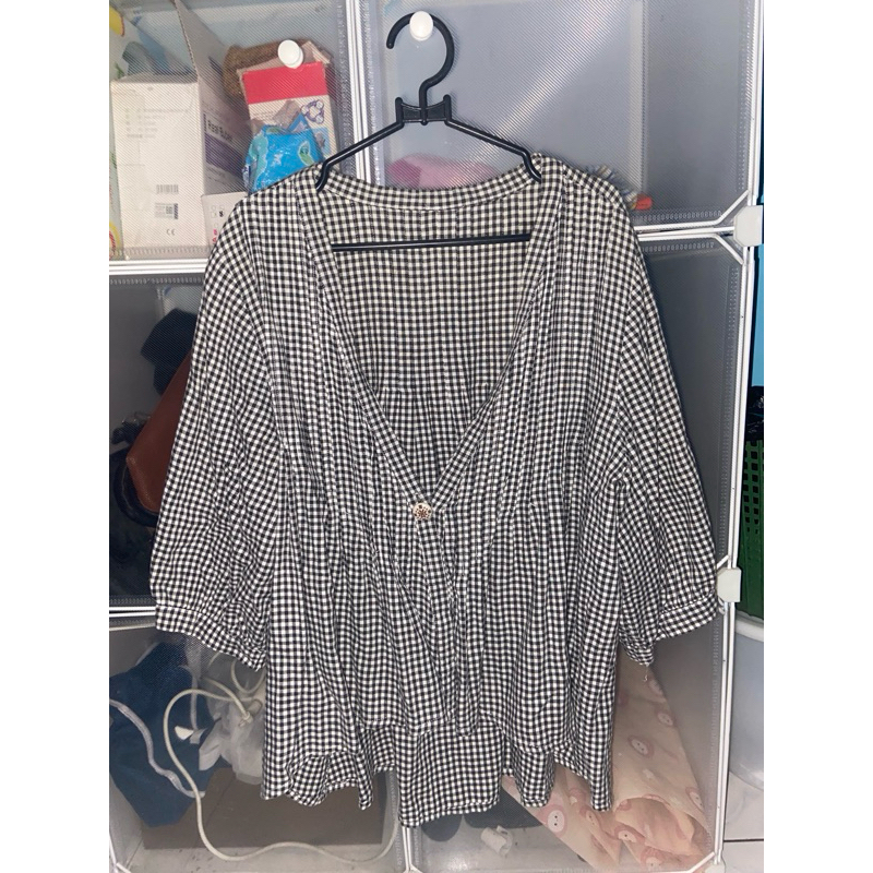 Outer Kotak-Kotak Hitam Putih Lengan 3/4