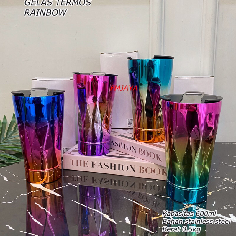 GELAS TERMOS RAINBOW 600ML ||  GELAS TERMOS STAINLESS || TUMBLER COFFE AESTHETIC || TERMOS TAHAN PAN