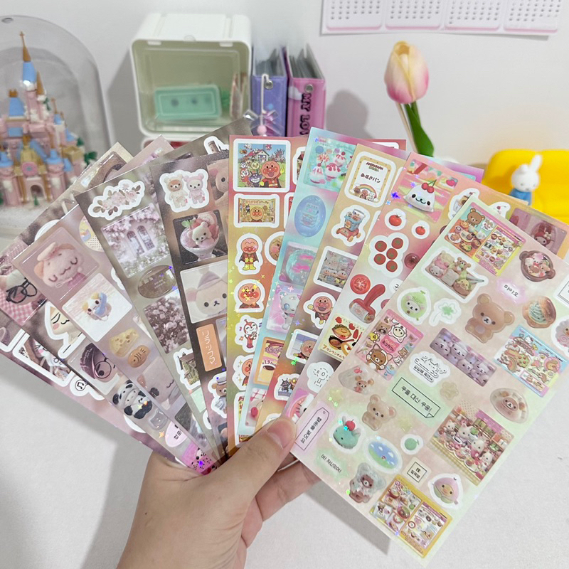 

sticker 10lembar japan vibes glossy holostar rilakkuma hello kitty anpanman dekorasi journal readystock B3326