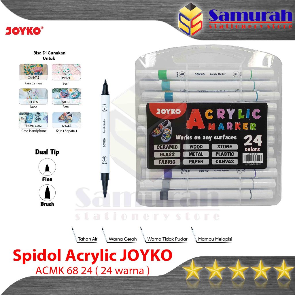 

Spidol Akrylik Marker Joyko ACMK 68 24 Warna / Acrylic Marker 24 Colours Dual Tip Fine - Brush / Penanda Warna