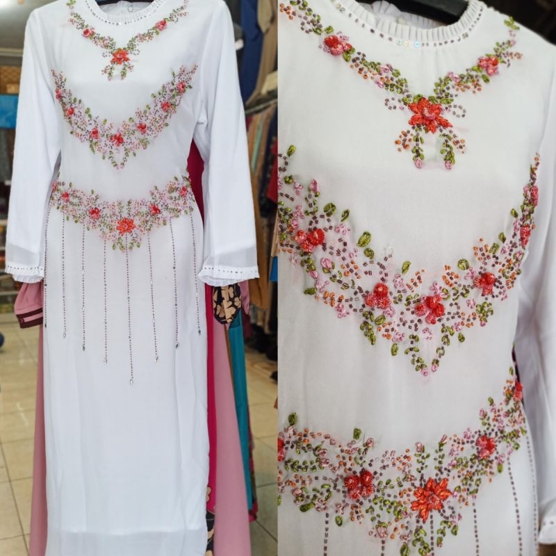 Gamis jubah putih wanita bordir sulam payet jumbo