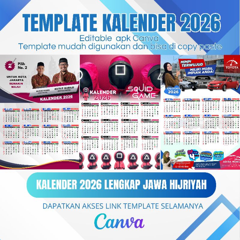 

Template Kalender 2026 ( 1 Lembar 12 Bulan )Format Canva Lengkap Jawa Hijriyah dan Libur Nasional