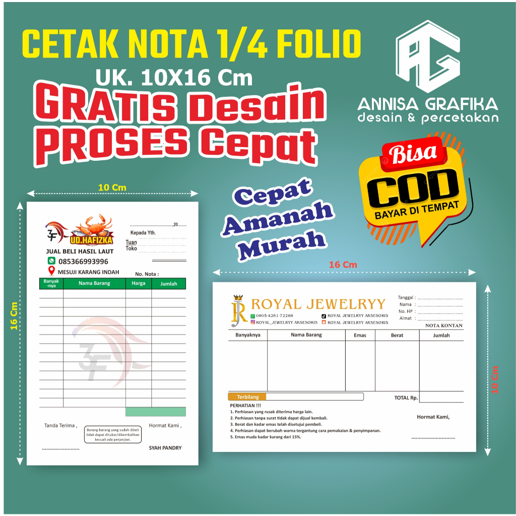 

CETAK NOTA COSTUM 1/4 Gratis Desain Gratis Logo Bebas Nama Sendiri di Annisa Grafika