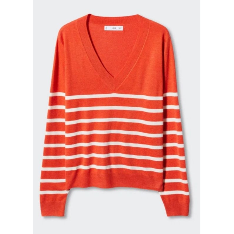 MANGO Orange V- neck Sweater with White stripes (Original)