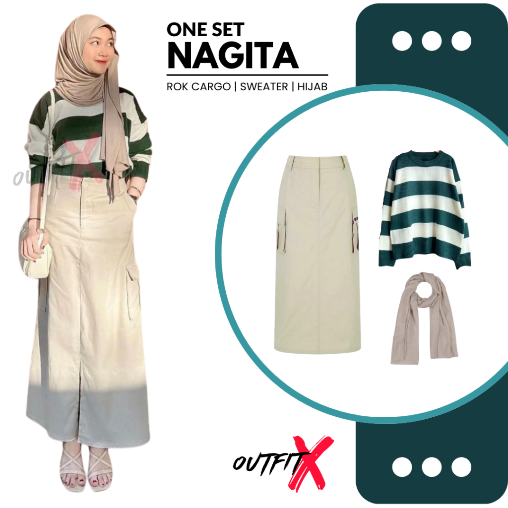 Outfit One Set Nagita Rok Cargo Sweater Hijab OOTD Wanita Kekinian Korea Style Setelan Ngafe Kampus