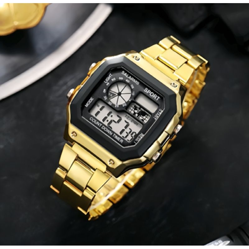 Jam tangan pria wanita digital Strap rantai anti air sporty dan elegan edisi warna gold