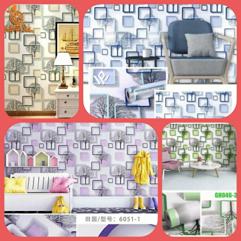wallpaper dinding/stiker dinding/dekorasi interior/wallpaper motif kotak pohon/sticker dapur