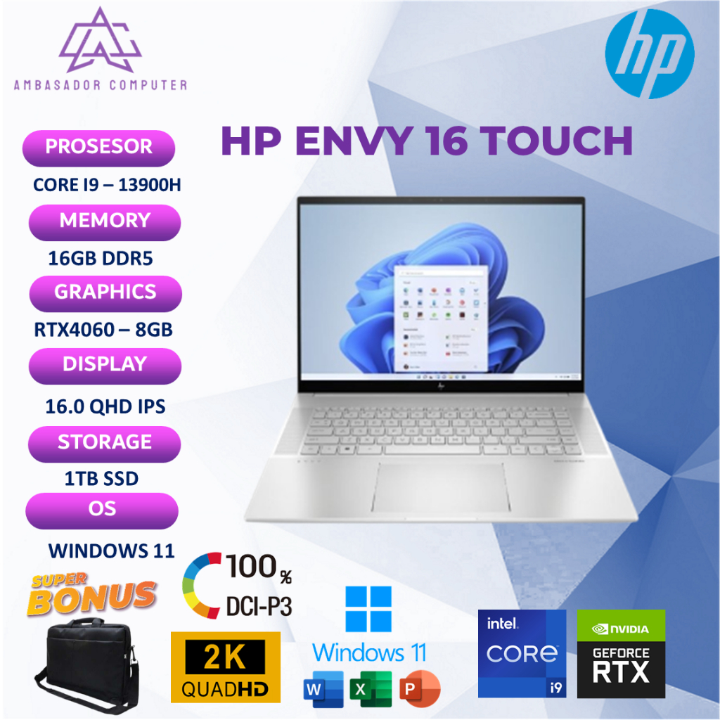 Laptop HP Envy 16 Touch i9 13900H RTX4060 8GB 16GB 1TB Windows11 QHD IPS