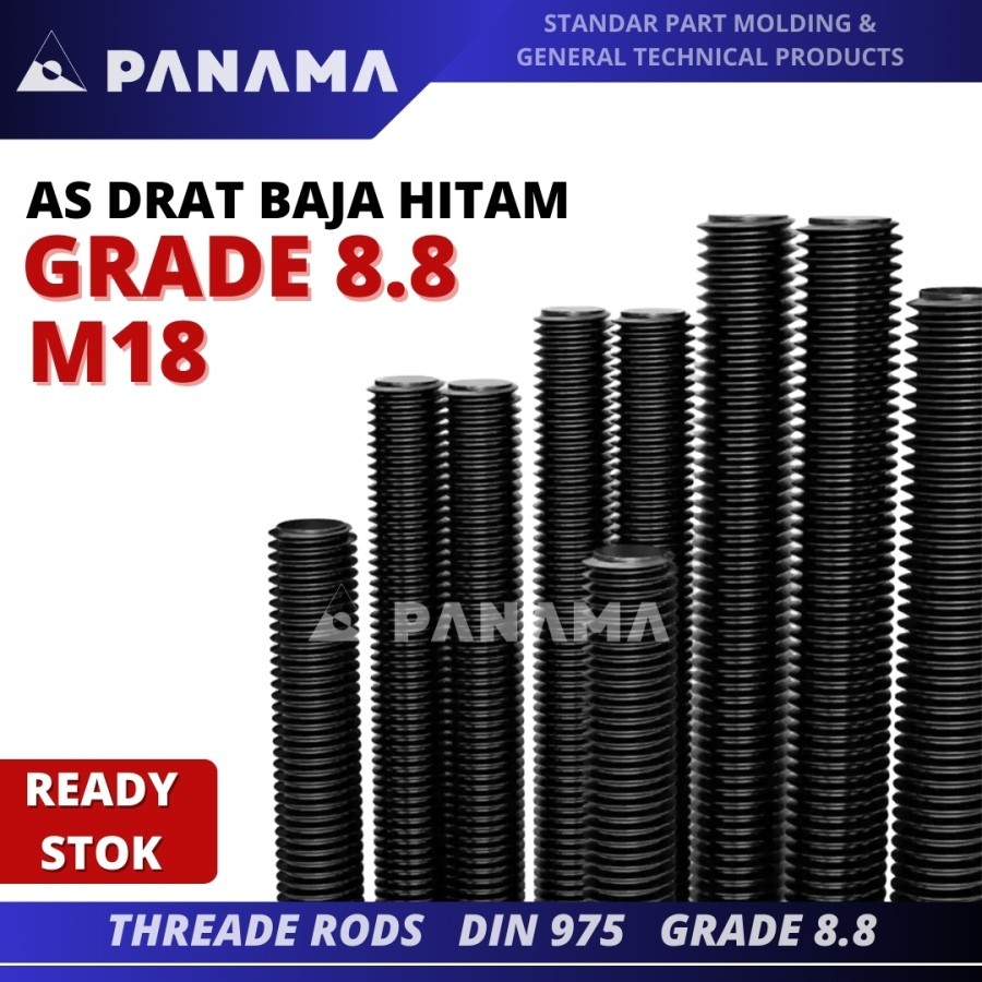 As Drat Baja M18 x 1 Meter Long Drat Baja Hitam Grade 8.8 Produk Taiwan