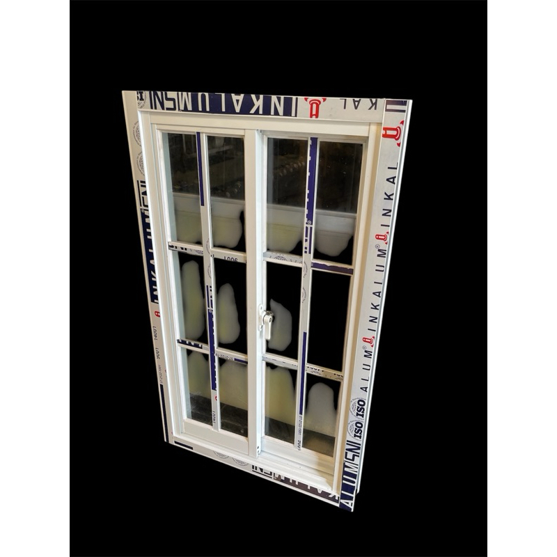 kusen aluminium model jendela sliding kanan kiri ornamen T100 x L60 kaca 5mm SNI + palet kayu BAHAN 