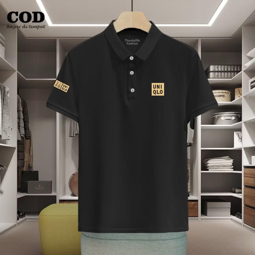 Baju Distro Style Polo Kerah Uniqlo + Lengan Text Gold Kaos Polo T Shirt Denim Premium Quality Pria