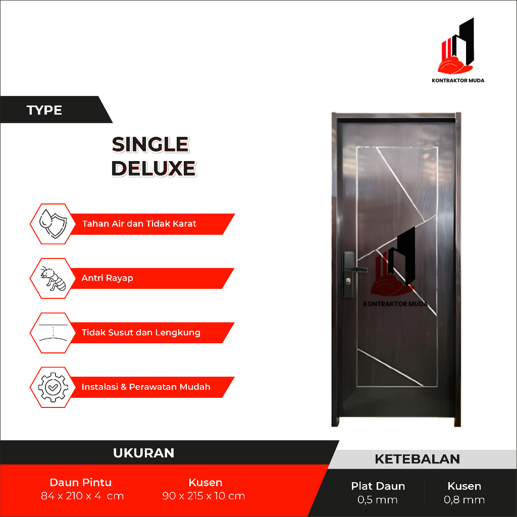 TB KONTRAKTOR MUDA - (DELUXE SINGLE) Pintu Baja Single satu set Lengkap Berkualitas / Pintu Utama / 