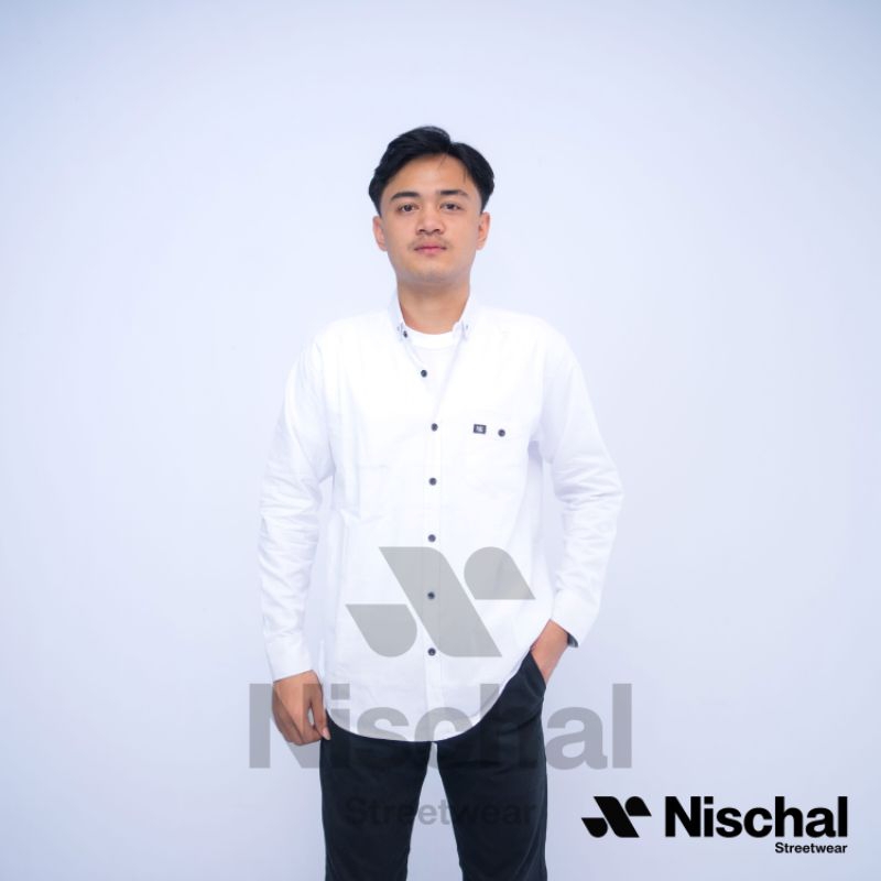 Kemeja Polos Pria Sigaret Lengan Panjang Putih - Nischal Streetwear