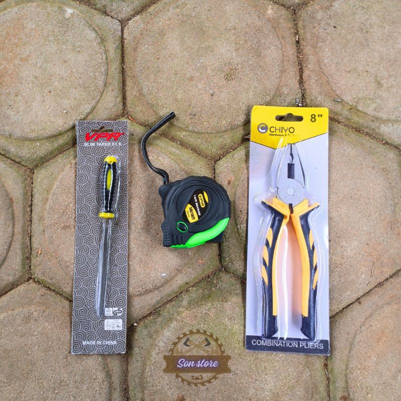 (Paket 3 pcs) Kikir Vpr+ Meteram 5 meter + Tang kombinasi serbaguna - Set Paket Alat pertukangan