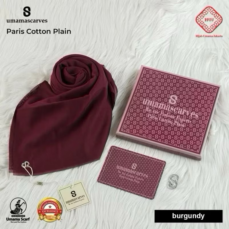 HIJAB SEGI EMPAT BOX UMAMA SCARVES ORI PARIS COTTON PLAIN METAL LOGO PREMIUM