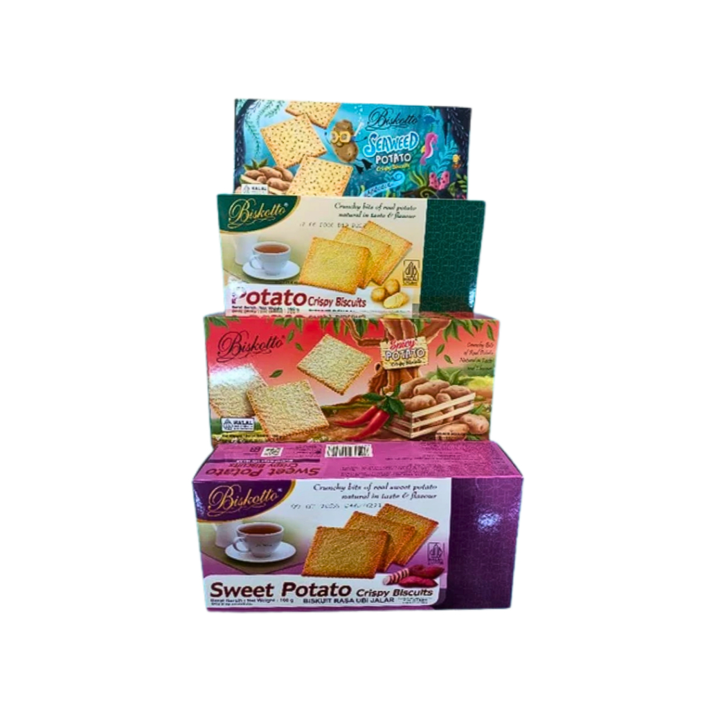 

Biskotto Potato CrIspy 160 Gram Originial, Sweet Potato, Seaweed, Spicy // Biskotto Maxi Sandwich 160 Gram Vanila, Peanut
