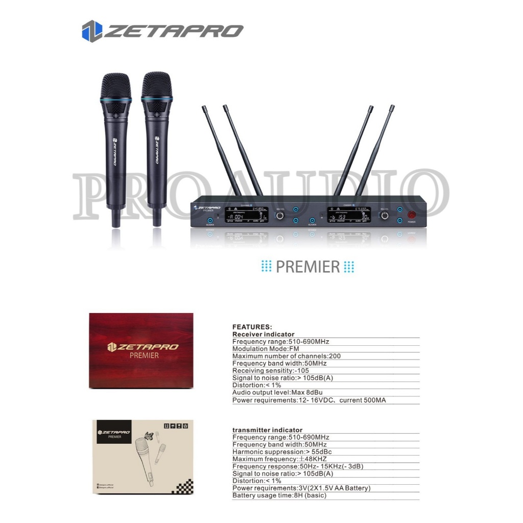 Mic Wireless Zetapro Premier Original UHF 4 Antenna 5G Technology 2 Handheld + Hardcase