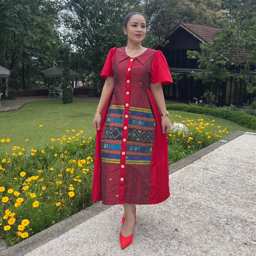 Dress Etnik Tenun Ulos Ragihotang Sadum Asli (Tenun Tangan ) (Merah Cabe) Michelle Gaun