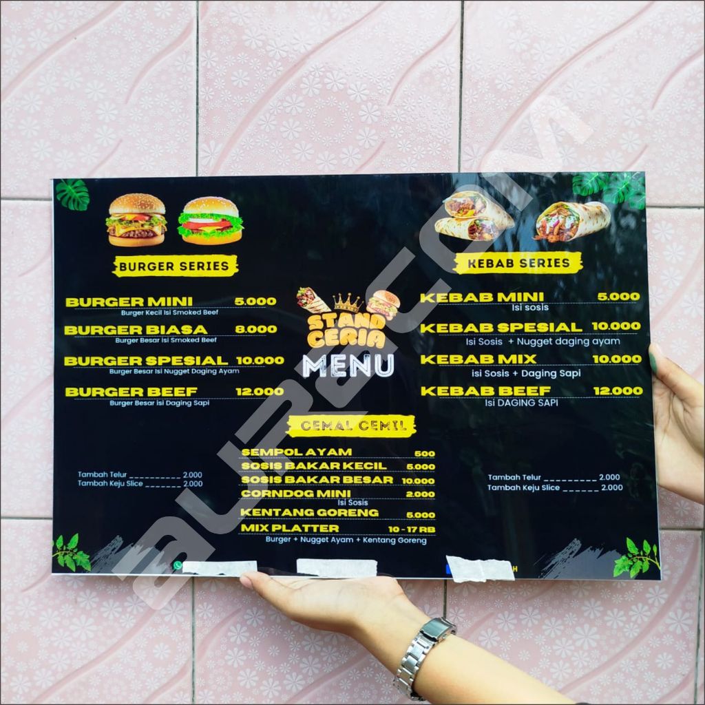 PAPAN AKRILIK dan STIKER, PAPAN MENU, AKRILIK CUSTOM, TULISAN AKRILIK FREE DESAIN ( A152 )