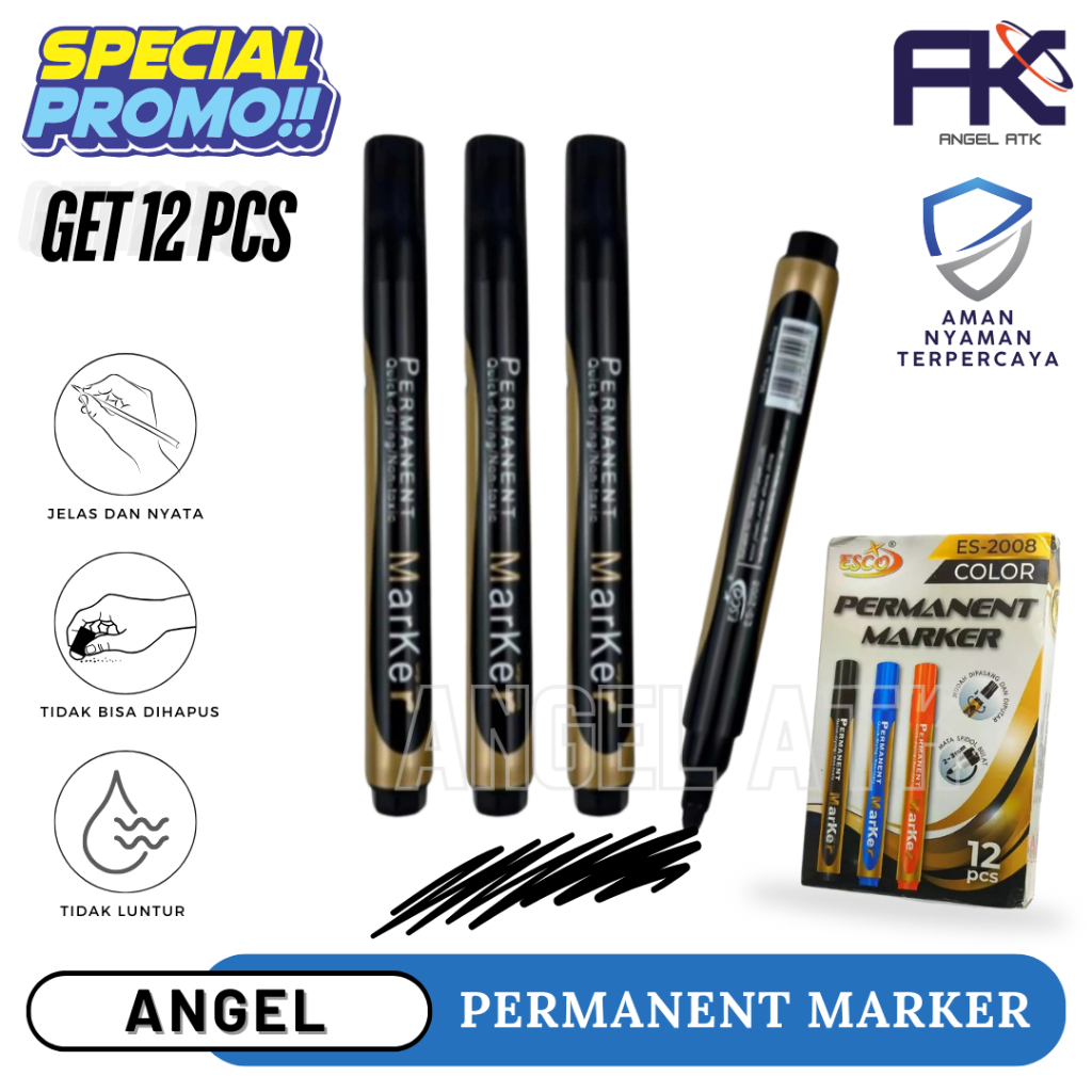 

( Paket Hemat 12 Pcs ) Spidol Esco 2008 / Spidol Permanent / Tinta Hitam / Spidol Anti Luntur / Spidol Papan Tulis / Spidol Murah / Harga Grosir / Cash On Delivery / Atk Blessing